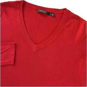 Lauren Ralph Lauren Red Long Sleeve Pullover Sweater V-neck Sz Large Silk Blend